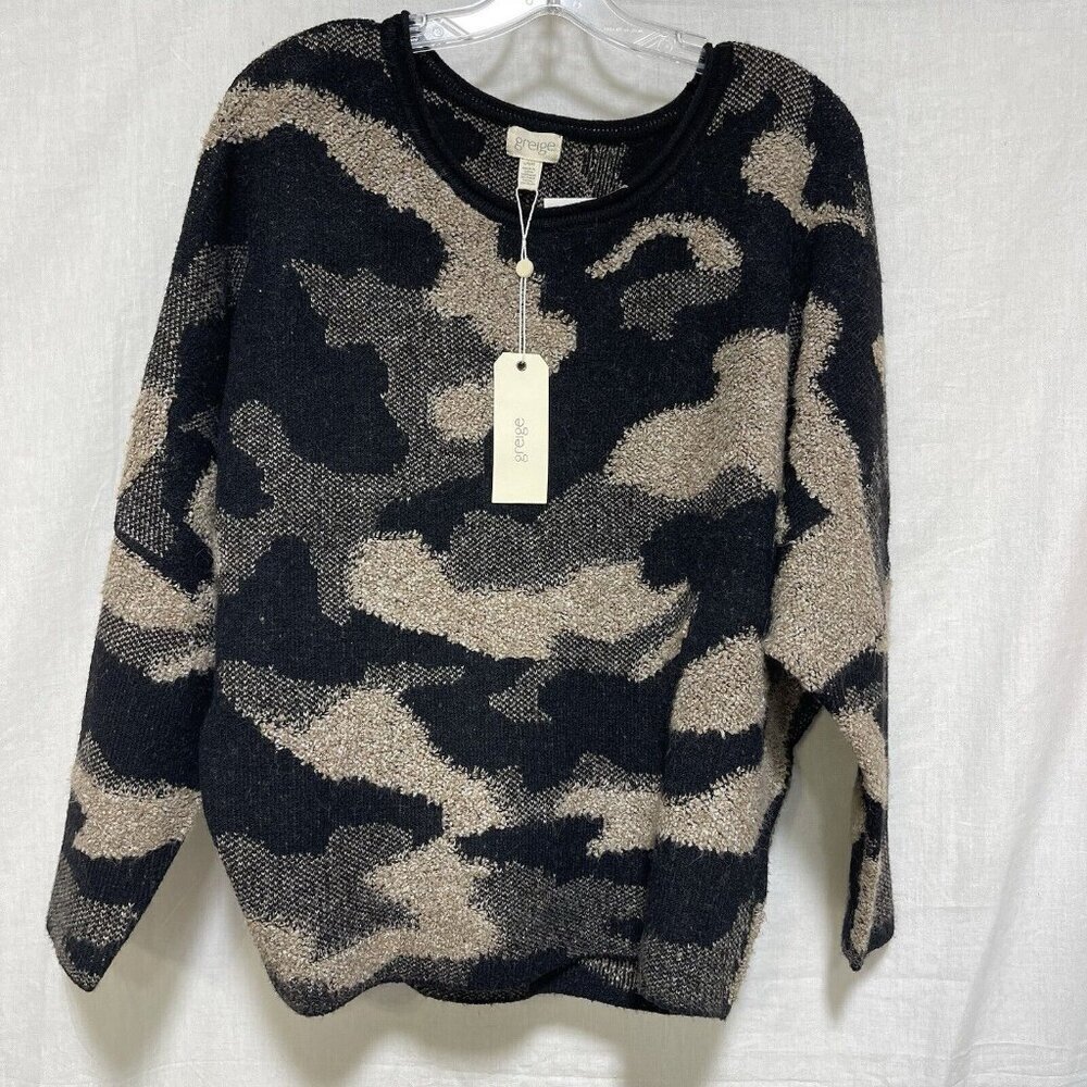 Greige Women Sweater Sz Large Camo Black Tan Geometric Soft Long Sleeve NEW NWTs